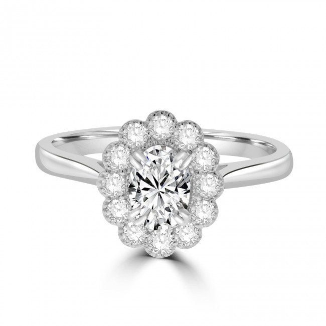 Platinum Oval ESi1 Diamond Vintage Halo ring