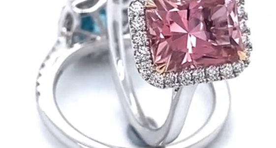 Diamond Halo Engagement Rings - Pink Tourmaline and Blue Zircon