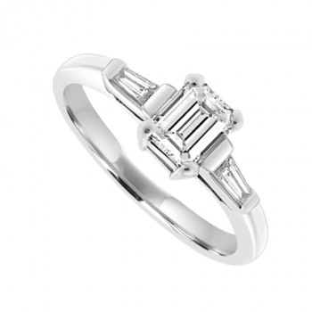 Platinum Solitaire Emerald-cut Diamond ring with side Baguettes
