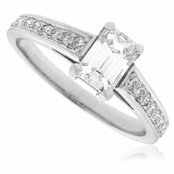 Platinum Emerald cut Solitaire Diamond ring with set shoulders