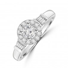 Platinum Diamond Halo Ring with Tapered Baguettes