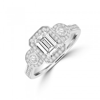 Platinum Three-stone Emerald & Brill cut Diamond Halo Ring
