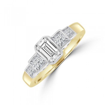18ct Gold Emerald cut & Princess cut Rubover Diamond Ring