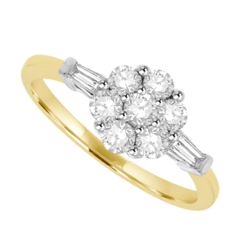 18ct Gold 7-Stone Flower Cluster Ring with Diamond Baguettes