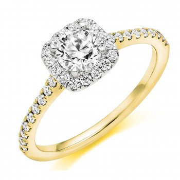 18ct Gold and Platinum DSi1 Diamond Cushion halo ring