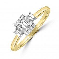 18ct Gold Baguette Trilogy Diamond Halo ring