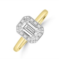 18ct Gold Platinum Emerald cut Diamond Solitaire Halo ring