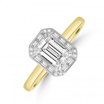 18ct Gold Platinum Emerald cut Diamond Solitaire Halo ring