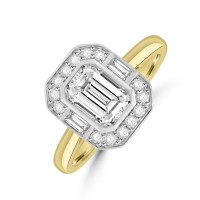 18ct Gold Platinum Emerald cut Diamond Baguette Halo ring