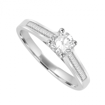 18ct White Gold Diamond Solitaire ring with Baguette Shoulders