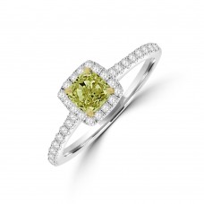 18ct White Gold Cushion Yellow Diamond Halo Ring