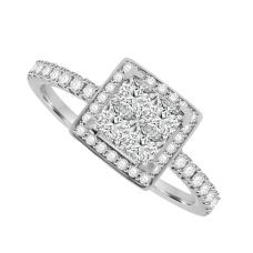 18ct White Gold 4-Stone Princess cut Diamond Cluster Halo Ring