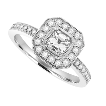 18ct White Gold Asscher cut Diamond Solitaire Halo Ring