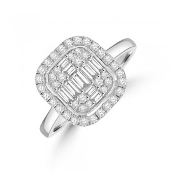 18ct White Gold Baguette Diamond Cluster Cushion Halo Ring