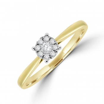 9ct Gold Diamond Solitaire-Illusion Cluster Ring
