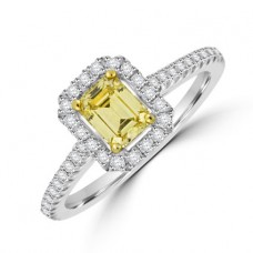 Platinum Emerald cut Yellow diamond halo ring