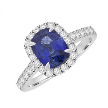 Platinum Sapphire & Diamond Cushion Halo Ring