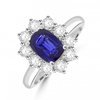 Platinum 1.67ct Sapphire and Diamond long cushion cluster ring