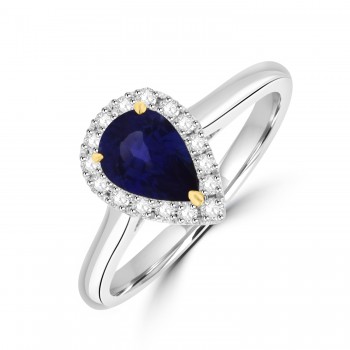 Platinum Blue Sapphire Pear Diamond Halo ring