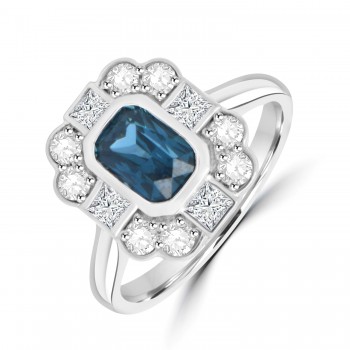 Platinum Teal Sapphire and Princess Diamond cluster ring Platinum Teal Sapphire and Princess Diamond cluster ring