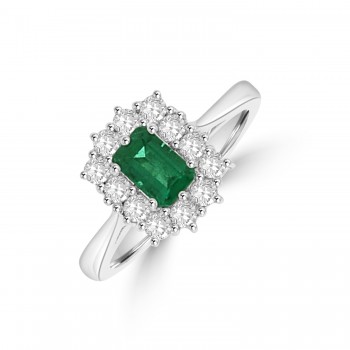 Platinum Emerald cut .50ct Emerald and Diamond Cluster Ring