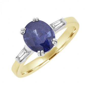 18ct Gold Sapphire & Baguette Diamond Solitaire Ring