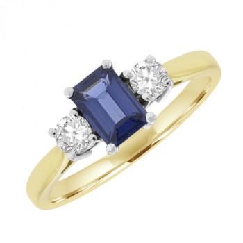 18ct Gold Three-stone Emerald cut Sapphire & Diamond Ring