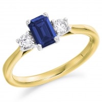 18ct Gold Emerald cut Sapphire and Diamond Three-stone ring