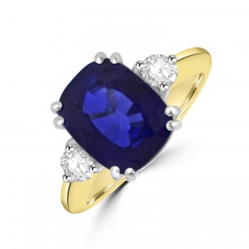 18ct Gold Cushion 5,55ct Sapphire and Diamond Three-stone ring