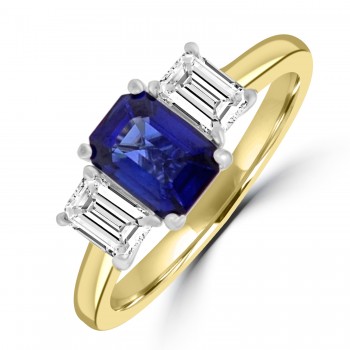 18ct Gold Three-stone Emerald cut Sapphire and Diamond ring