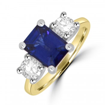 18ct Gold Emerald cut Sapphire and Diamond Trilogy ring
