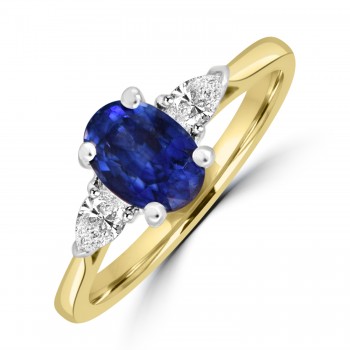 18ct Gold Platinum Oval Sapphire and Pear Diamond Trilogy ring