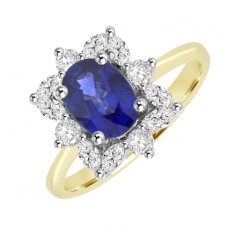 18ct Gold Oval Sapphire & Marquise cut Diamond Cluster Ring