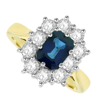 18ct Gold Emerald cut 1.57ct Sapphire & Diamond Cluster Ring