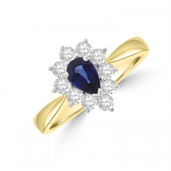 18ct Gold .56ct Sapphire Pear .36ct Diamond Cluster Ring