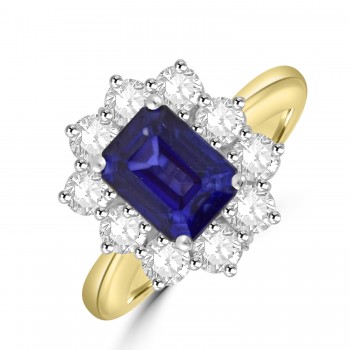 18ct Gold Emerald cut Sapphire and Diamond Cluster ring
