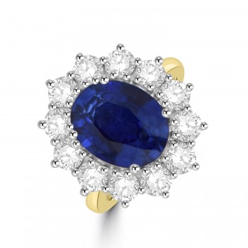 18ct Gold Platinum Oval 4.02ct Sapphire Diamond Cluster ring