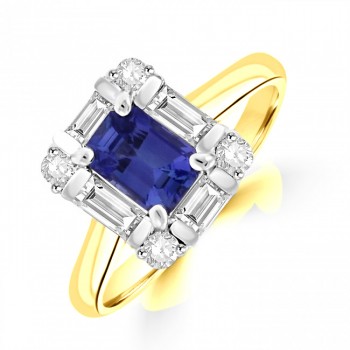18ct Gold Platinum Emerald cut Sapphire Baguette Diamond ring