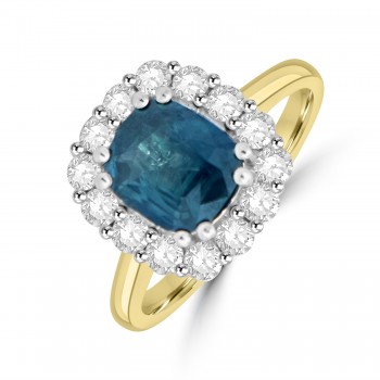 18ct Gold Platinum Cushion Teal Sapphire Diamond cluster ring