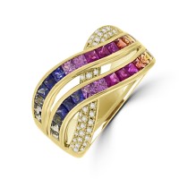18ct Gold 2-Row Rainbow Sapphire & Diamond Crossover Ring