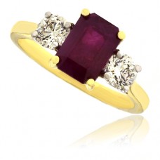 18ct Gold 3-Stone Emerald-cut Ruby & Diamond Ring