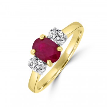 18ct Gold Three-stone Ruby and Diamond Oval Ring