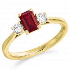 18ct Gold Three-stone Emerald cut Ruby and Diamond ring