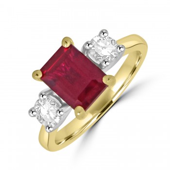 18ct Gold Emerald cut Ruby and Diamond trilogy ring