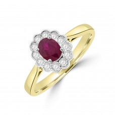 18ct Gold Ruby and Diamond Oval Cluster Millegrain Ring