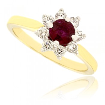 18ct Gold 9-stone Ruby & Diamond Cluster Ring