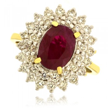 18ct Gold Ruby & Double Diamond Halo Cluster Ring