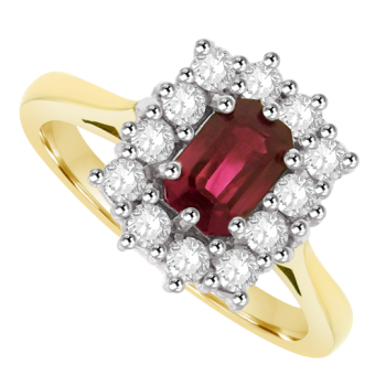 18ct Gold .68ct Ruby & Diamond Emerald cut Cluster Ring