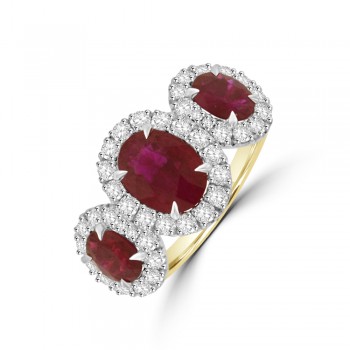 18ct Gold & Platinum Three-stone Ruby Diamond Halo Ring