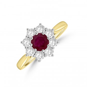 18ct Yellow Gold Ruby and Diamond Cluster Ring.